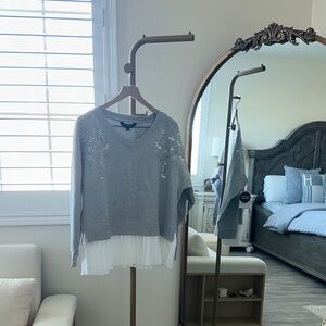 Gray Sweater with White Layered Hem